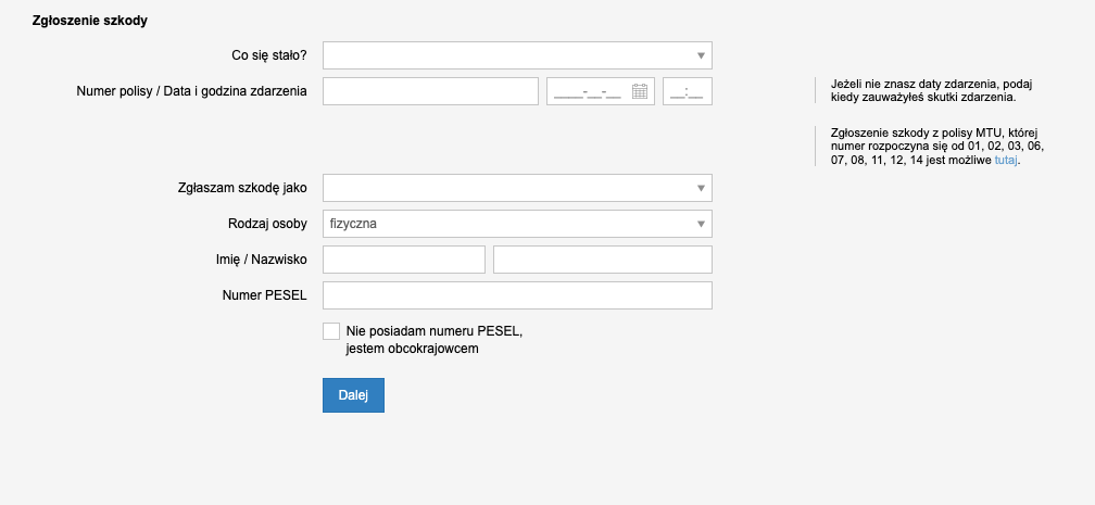 MTU zgłoszenie szkody formularz online